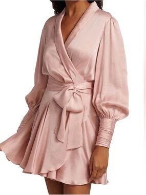 Zimmermann Silk Wrap V-Neck Mini Dress in Blush Pink